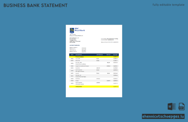 Beispiel eines Kontoauszugs des RBC Royal Bank Unternehmensgirokontos (Word- und PDF-Datei)